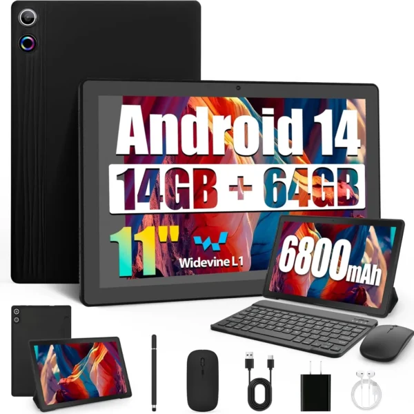 URAO 11 Inch Tablet Android 14GB RAM 64GB ROM 6800mAh IPS HD Touch Screen with Keyboard Protective Case Mouse Stylus 8 in 1 Kit