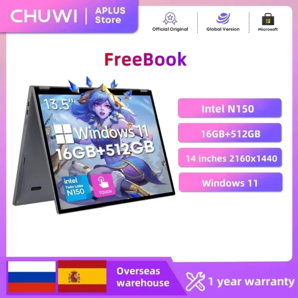 CHUWI FreeBook 2-in-1 Laptop 13.5'' Intel N150(UP to 3.6GHz) 16GB LPDDR5 RAM 512GB SSD FHD 2520x1680 WiFi 6 BT5.2 Windows 11
